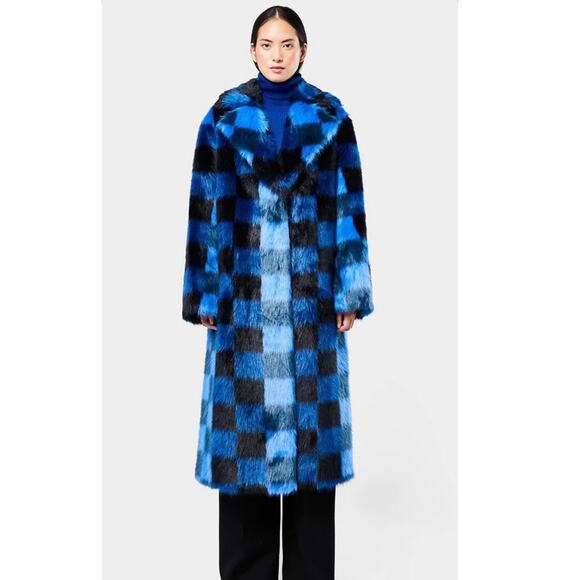 STAND STUDIO Women's Mio Blue Black Checkered Faux Fur Trench Coat Size XS - Picture 6 of 7
